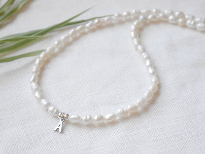 Silver Initial Pearl Necklace: Unisex Freshwater Pearl Letter Choker