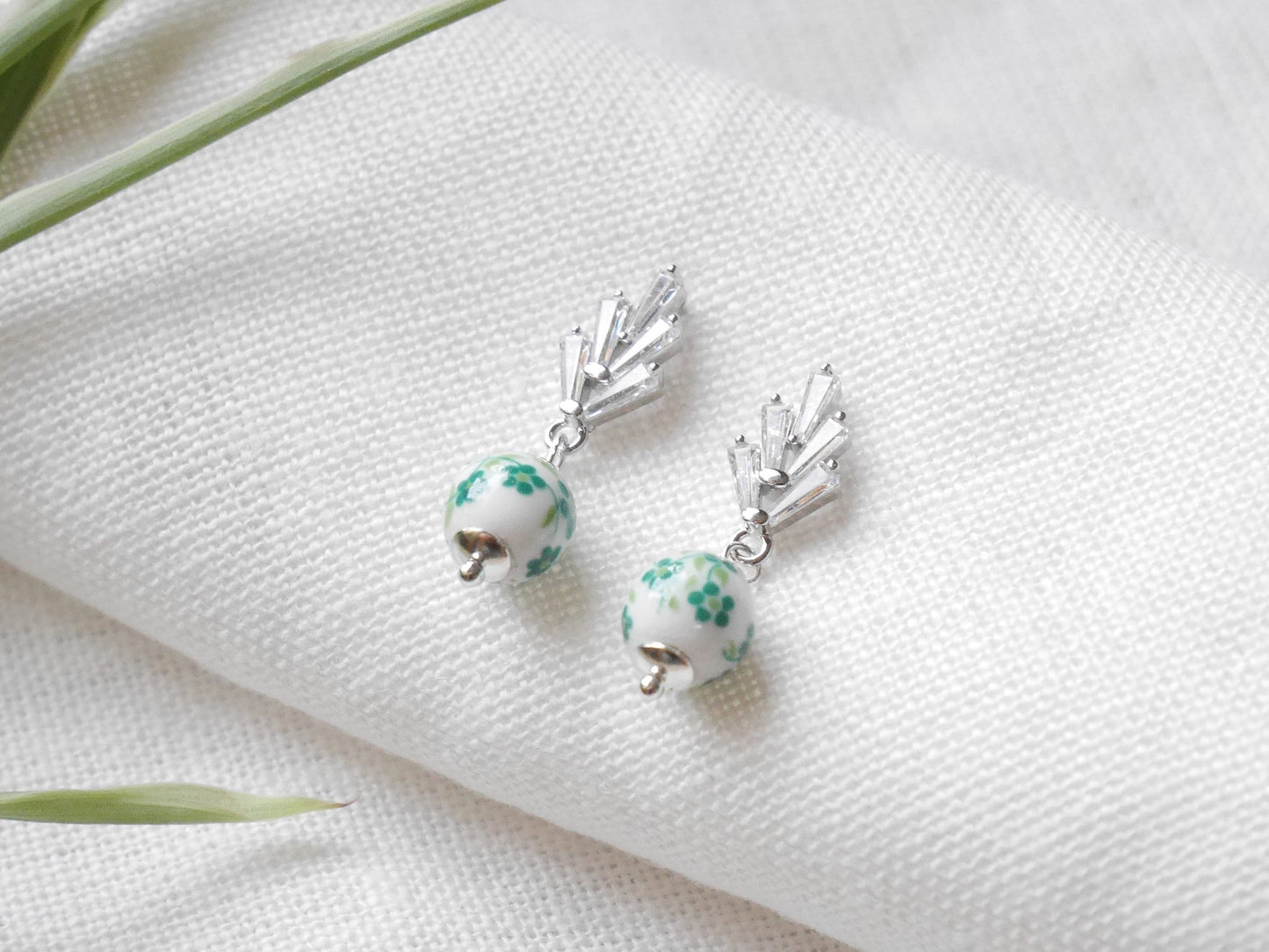 Art deco drop earrings | Small porcelain ceramic jewelry | Vintage 1920s style with flower pattern | Dainty cute elegant handmade gift idea