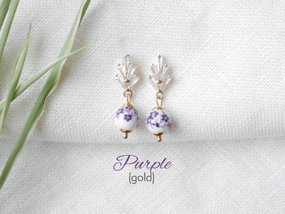 Art deco drop earrings | Small porcelain ceramic jewelry | Vintage 1920s style with flower pattern | Dainty cute elegant handmade gift idea