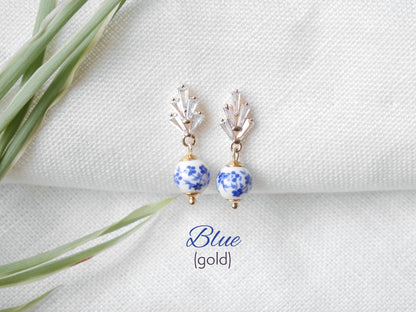 Art deco drop earrings | Small porcelain ceramic jewelry | Vintage 1920s style with flower pattern | Dainty cute elegant handmade gift idea