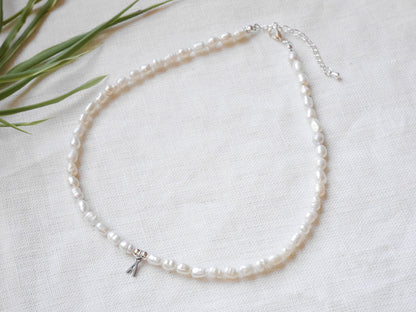 Silver Initial Pearl Necklace: Unisex Freshwater Pearl Letter Choker