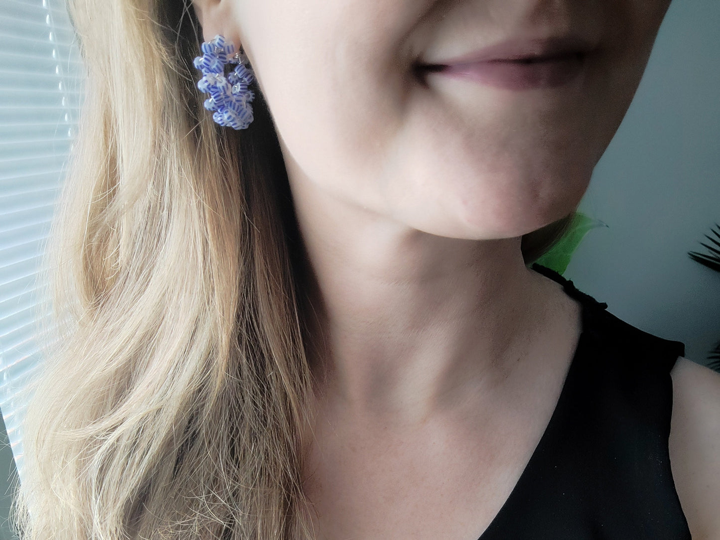 Blue and white hoop earrings | Round seed bead earrings | Beaded statement hoops | Nautical sailor sea theme | Handmade jewelry gift for her