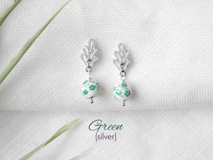 Art deco drop earrings | Small porcelain ceramic jewelry | Vintage 1920s style with flower pattern | Dainty cute elegant handmade gift idea