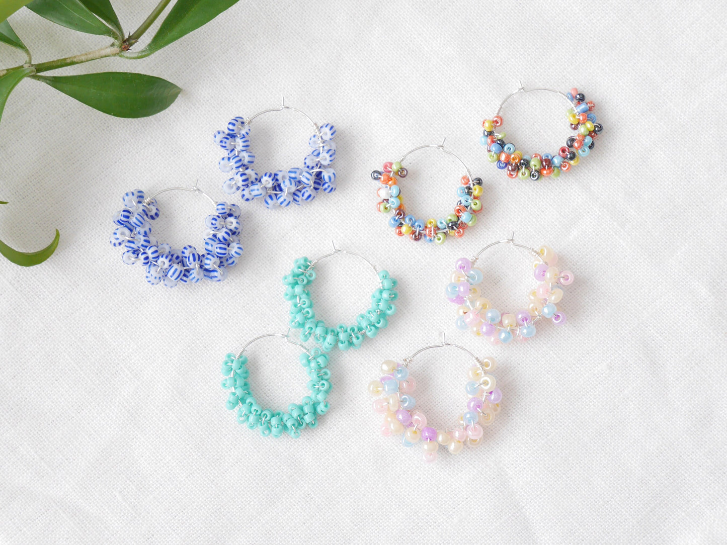 Blue and white hoop earrings | Round seed bead earrings | Beaded statement hoops | Nautical sailor sea theme | Handmade jewelry gift for her