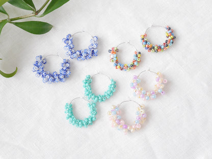 Blue and white hoop earrings | Round seed bead earrings | Beaded statement hoops | Nautical sailor sea theme | Handmade jewelry gift for her