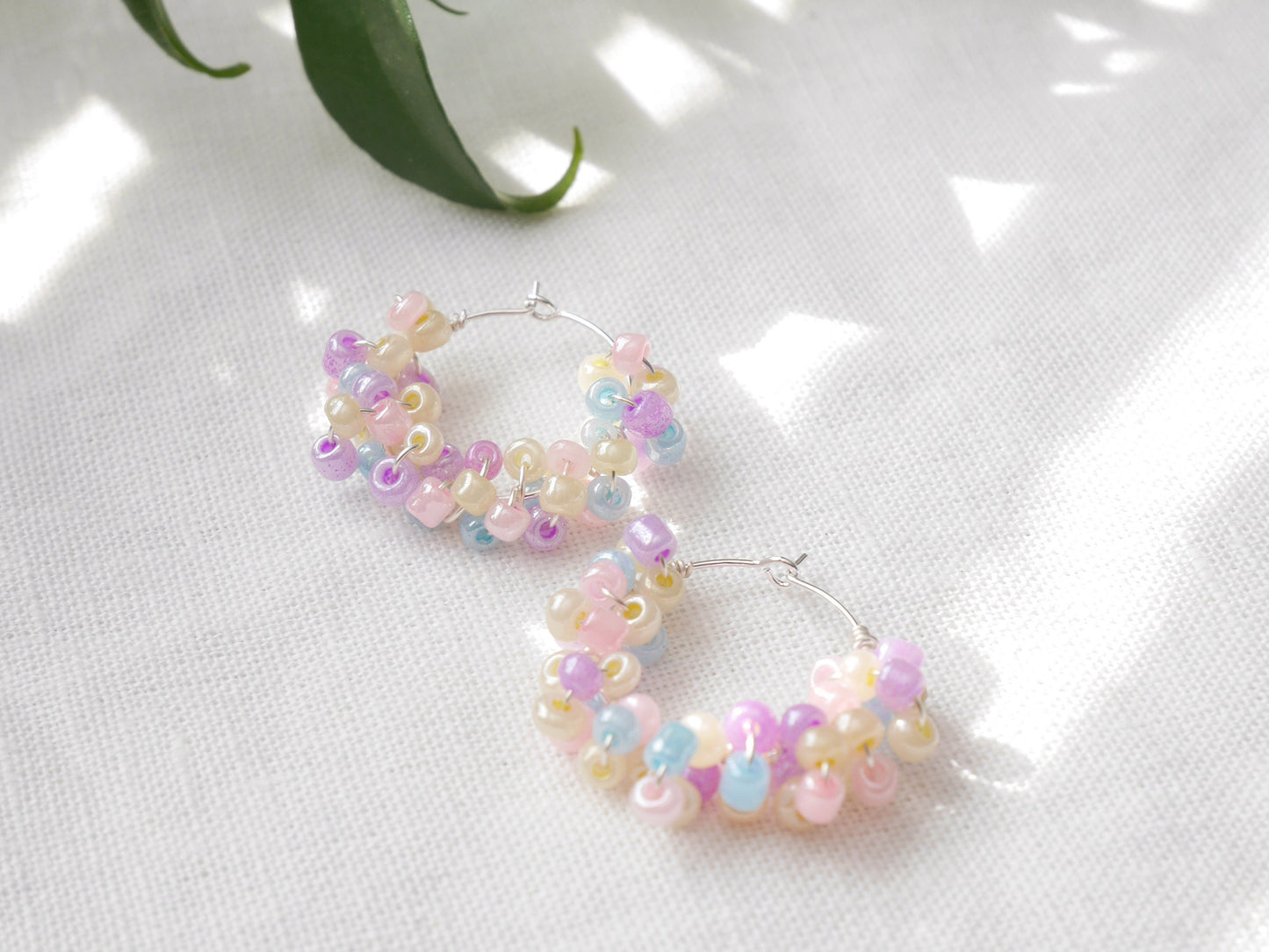 Pastel hoop earrings | Round soft colors beaded hoops | pale multicolor handmade jewelry | Summer gift for her | Small seed beads design