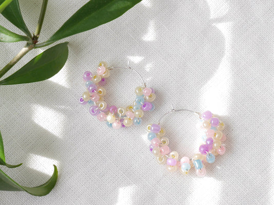 Pastel hoop earrings | Round soft colors beaded hoops | pale multicolor handmade jewelry | Summer gift for her | Small seed beads design