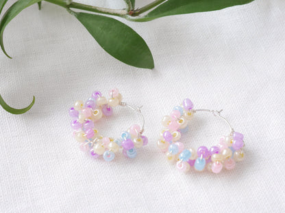 Pastel hoop earrings | Round soft colors beaded hoops | pale multicolor handmade jewelry | Summer gift for her | Small seed beads design