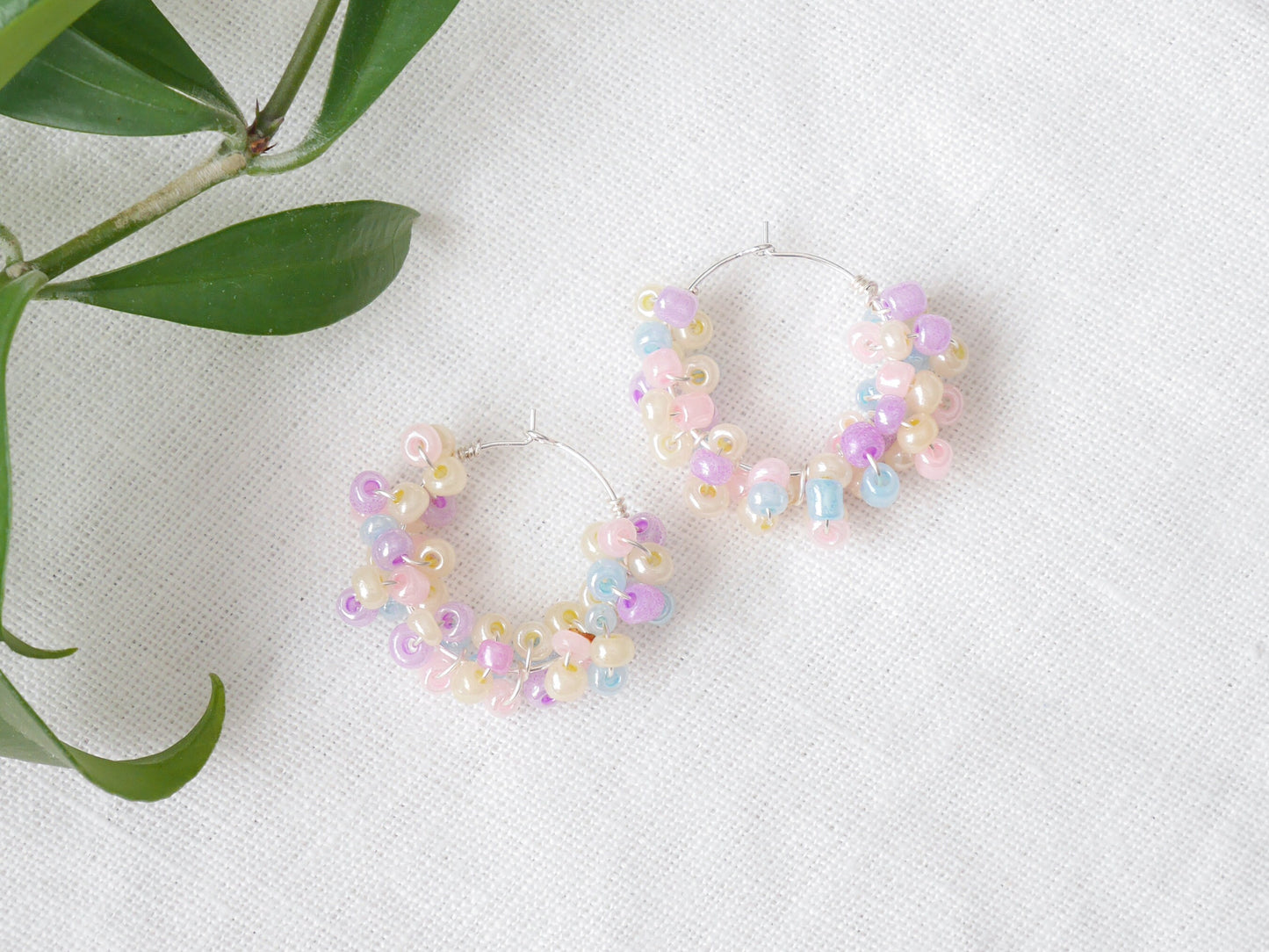 Pastel hoop earrings | Round soft colors beaded hoops | pale multicolor handmade jewelry | Summer gift for her | Small seed beads design
