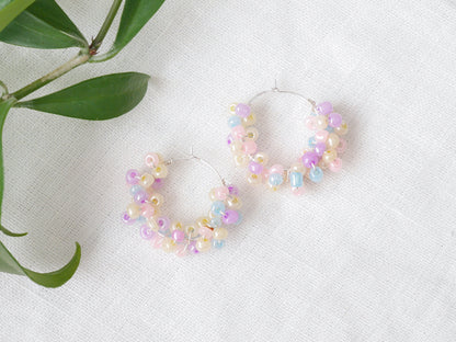 Pastel hoop earrings | Round soft colors beaded hoops | pale multicolor handmade jewelry | Summer gift for her | Small seed beads design