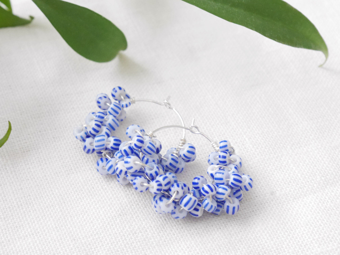 Blue and white hoop earrings | Round seed bead earrings | Beaded statement hoops | Nautical sailor sea theme | Handmade jewelry gift for her