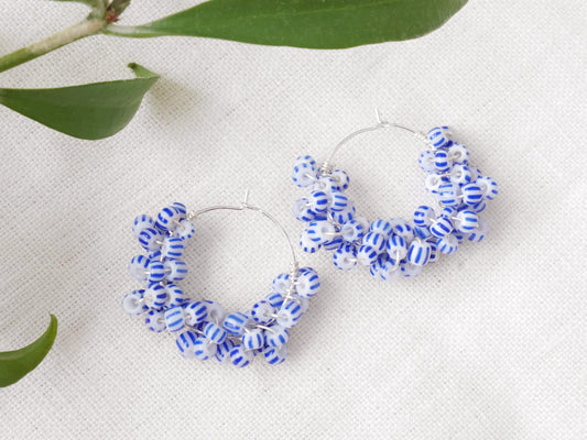 Blue and white hoop earrings | Round seed bead earrings | Beaded statement hoops | Nautical sailor sea theme | Handmade jewelry gift for her