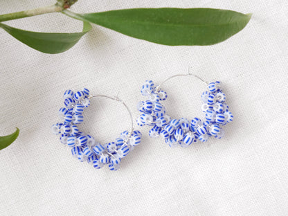 Blue and white hoop earrings | Round seed bead earrings | Beaded statement hoops | Nautical sailor sea theme | Handmade jewelry gift for her