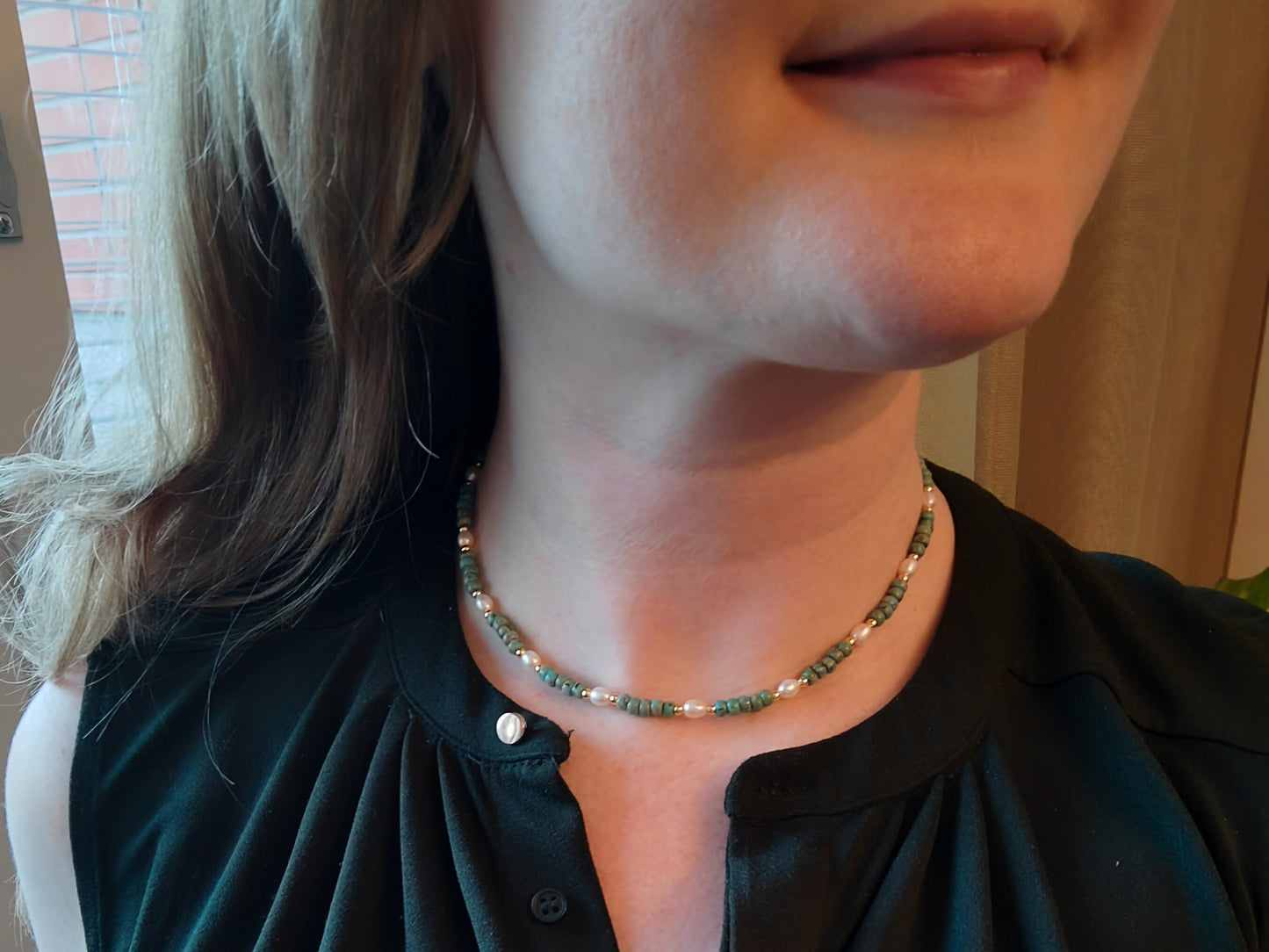 Seafoam beaded necklace | Dainty freshwater pearl choker with turquoise Miyuki Picasso glass beads | Cute muted colors jewelry gift for her