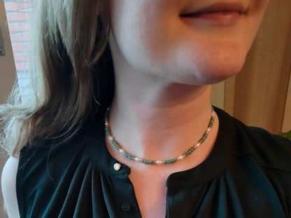 Seafoam beaded necklace | Dainty freshwater pearl choker with turquoise Miyuki Picasso glass beads | Cute muted colors jewelry gift for her