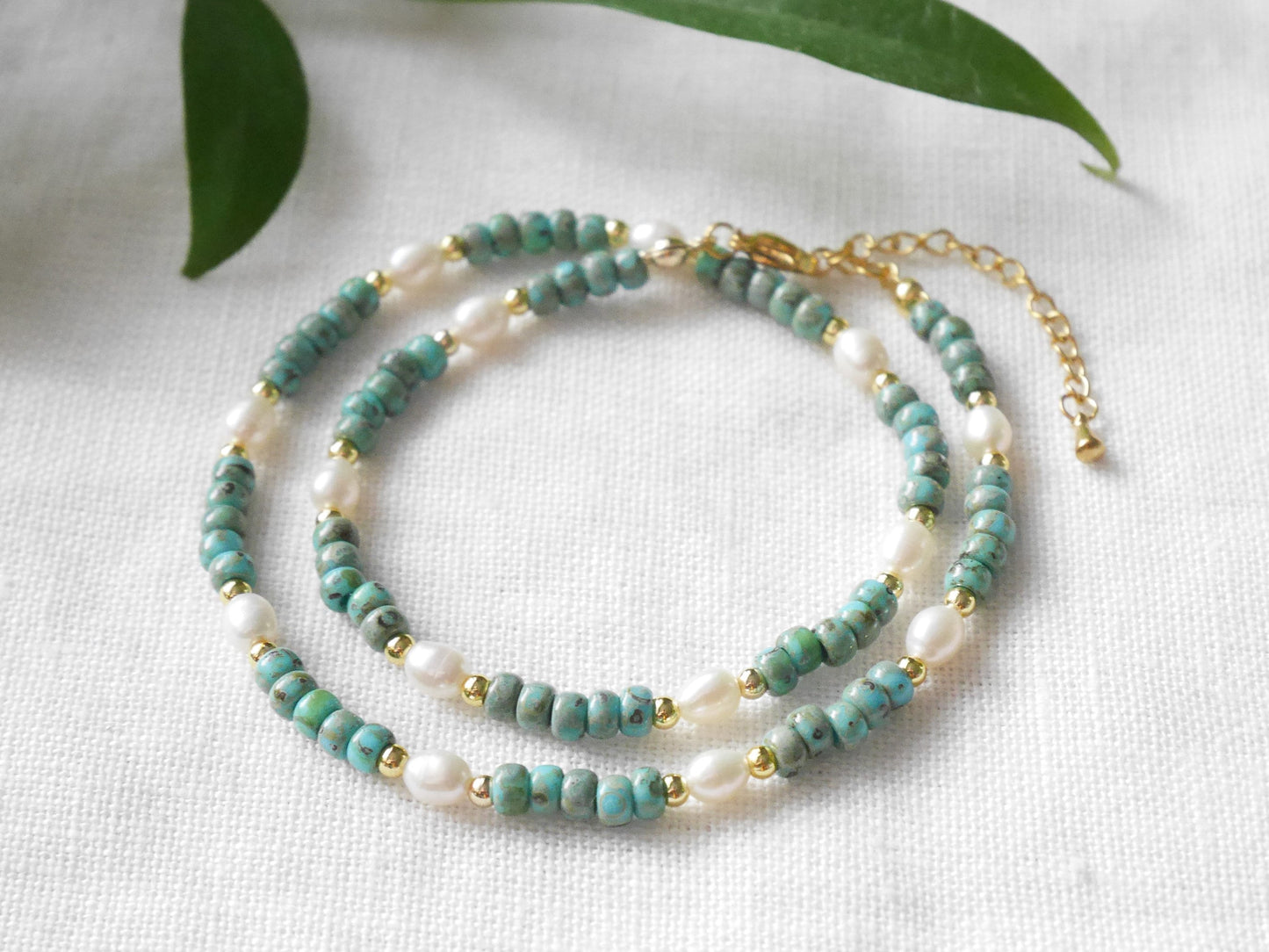 Seafoam beaded necklace | Dainty freshwater pearl choker with turquoise Miyuki Picasso glass beads | Cute muted colors jewelry gift for her