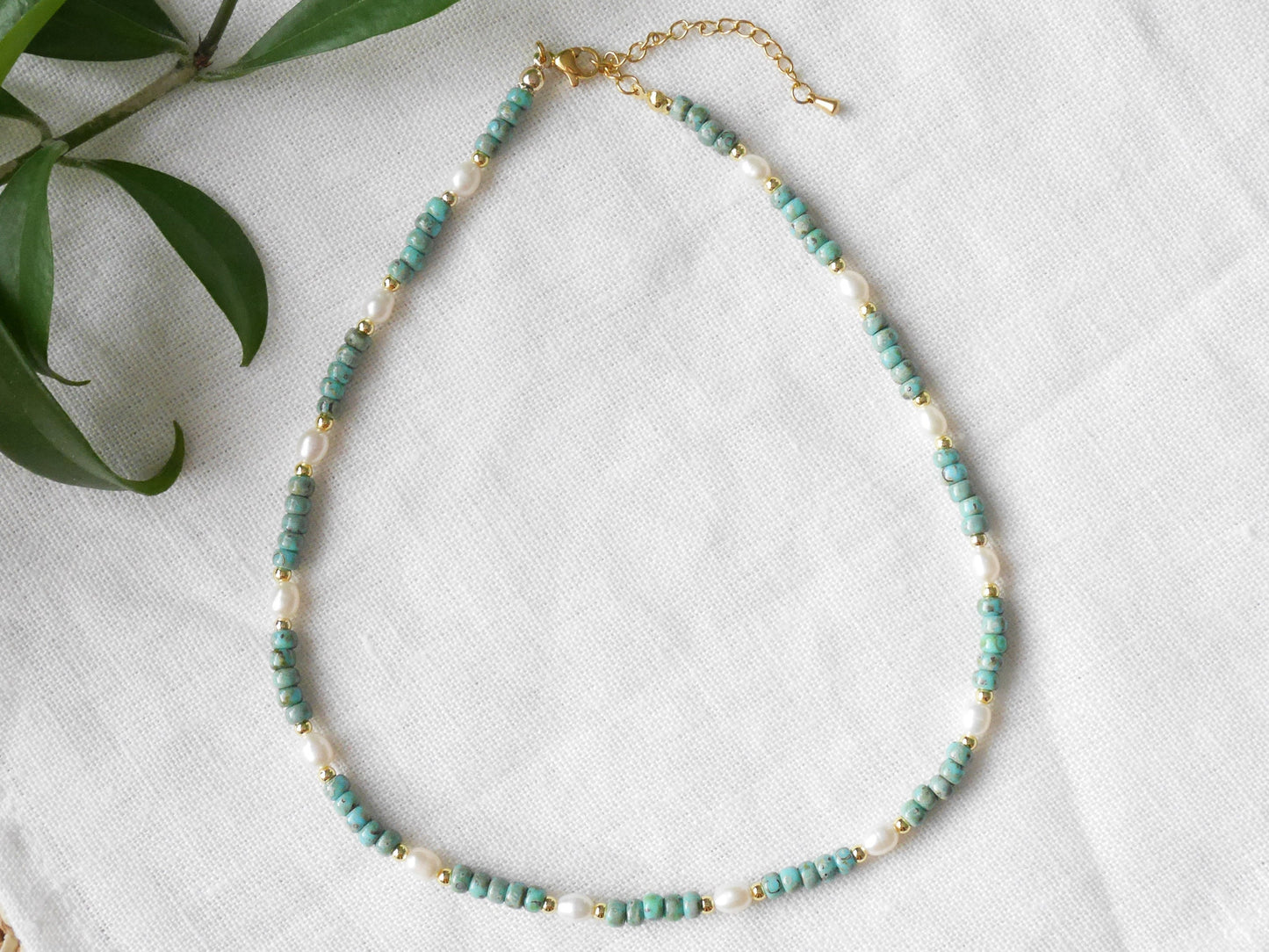 Seafoam beaded necklace | Dainty freshwater pearl choker with turquoise Miyuki Picasso glass beads | Cute muted colors jewelry gift for her