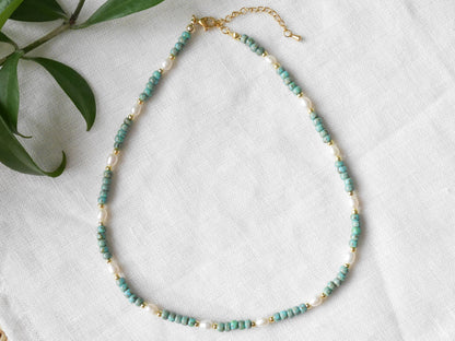 Seafoam beaded necklace | Dainty freshwater pearl choker with turquoise Miyuki Picasso glass beads | Cute muted colors jewelry gift for her