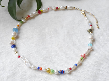 Colorful freshwater pearl necklace | Chunky multicolor beaded choker | Pearls and beads necklace | Funky cute mixed beads jewelry for her
