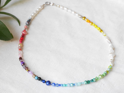 Rainbow necklace | Beaded pearl necklace | Colorful beads choker | Jewelry with multicolor seed beads and freshwater pearls