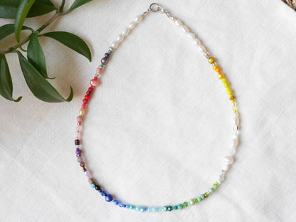 Rainbow necklace | Beaded pearl necklace | Colorful beads choker | Jewelry with multicolor seed beads and freshwater pearls