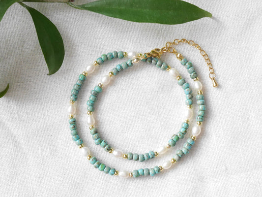 Seafoam beaded necklace | Dainty freshwater pearl choker with turquoise Miyuki Picasso glass beads | Cute muted colors jewelry gift for her