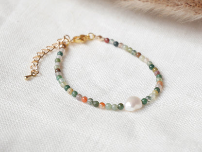 Natural stone beads bracelet with freshwater pearl | Neutral colors agate beaded jewelry | Cute adjustable dainty small bead gift for her