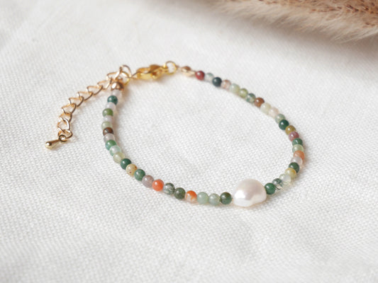 Natural stone beads bracelet with freshwater pearl | Neutral colors agate beaded jewelry | Cute adjustable dainty small bead gift for her