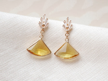 Elegant yellow fan art deco earrings – vintage bridal jewelry with glass pendant