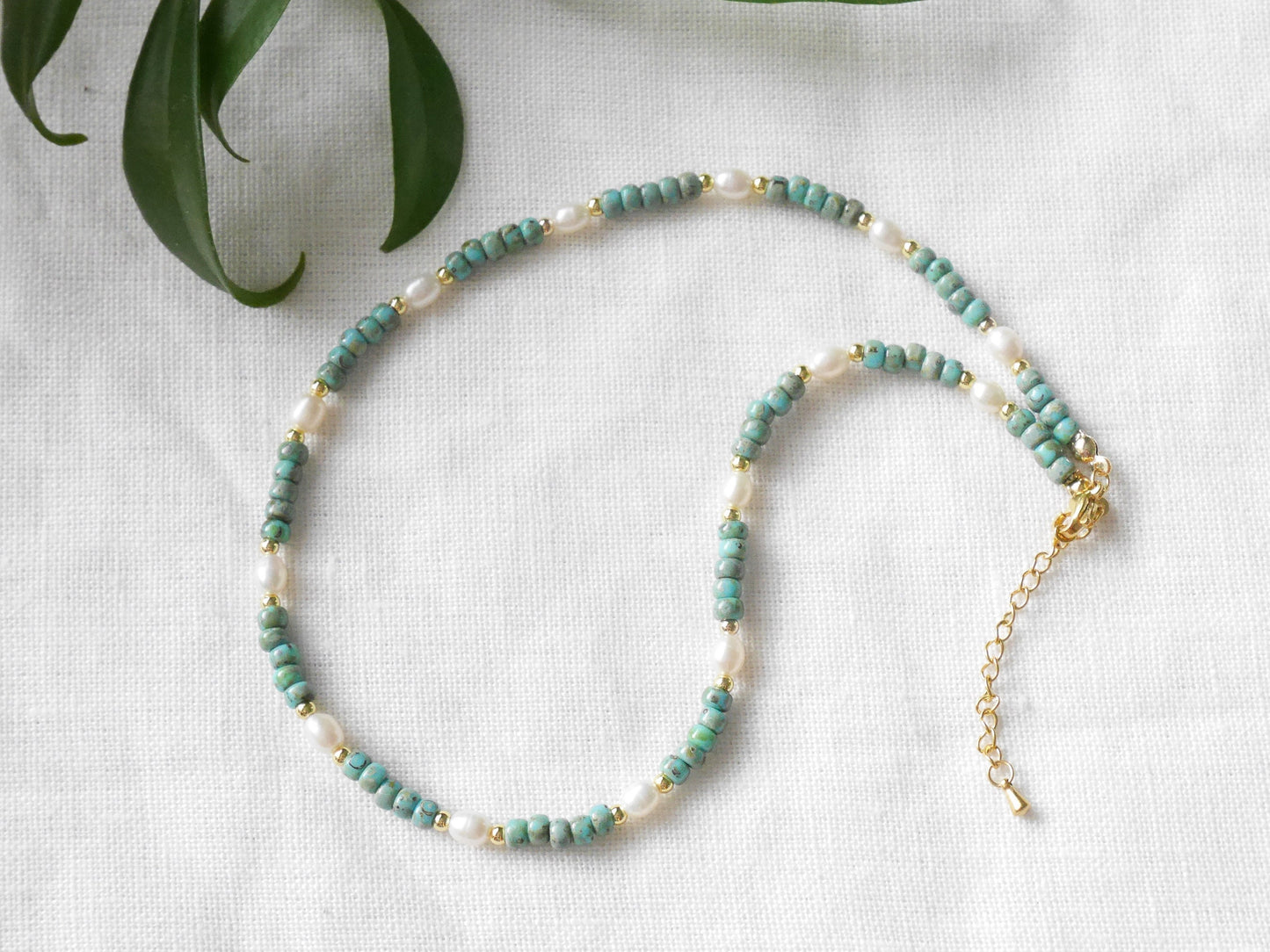 Seafoam beaded necklace | Dainty freshwater pearl choker with turquoise Miyuki Picasso glass beads | Cute muted colors jewelry gift for her