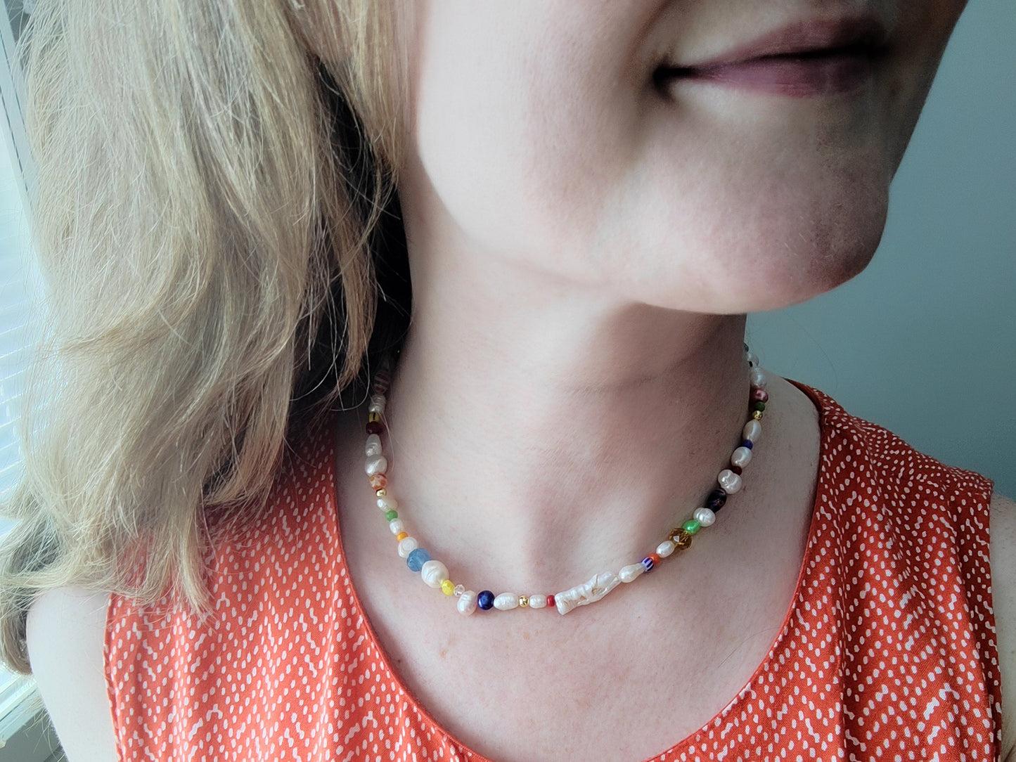 Colorful freshwater pearl necklace | Chunky multicolor beaded choker | Pearls and beads necklace | Funky cute mixed beads jewelry for her