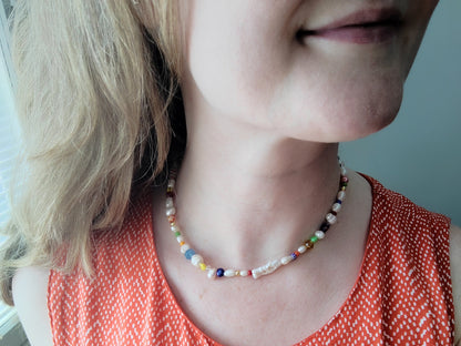Colorful freshwater pearl necklace | Chunky multicolor beaded choker | Pearls and beads necklace | Funky cute mixed beads jewelry for her