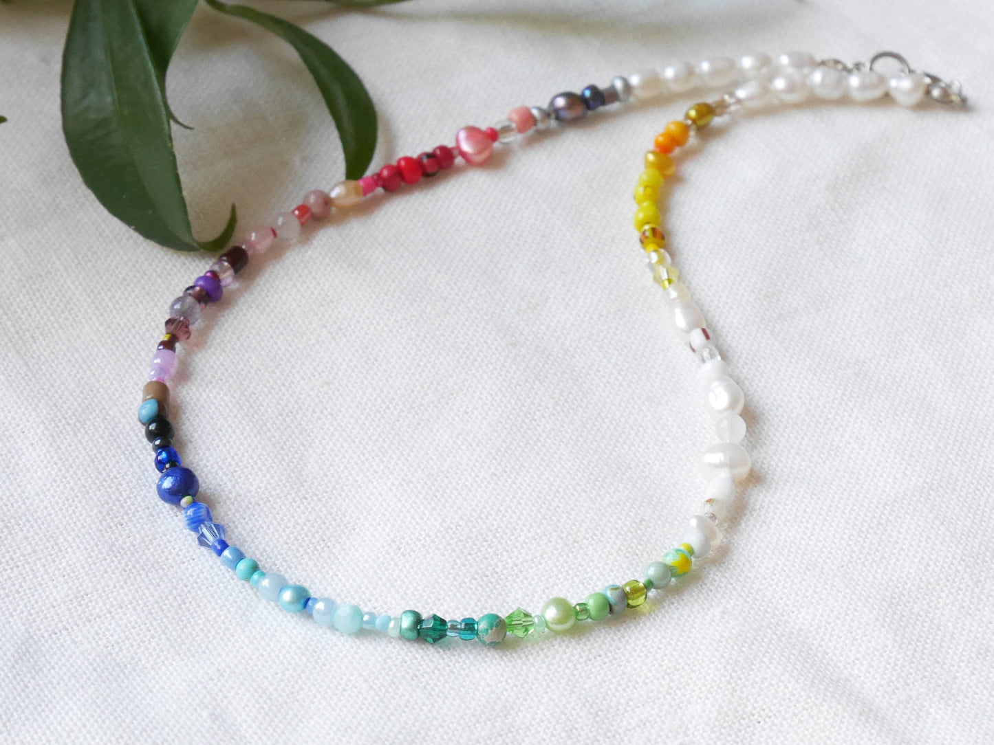 Rainbow necklace | Beaded pearl necklace | Colorful beads choker | Jewelry with multicolor seed beads and freshwater pearls