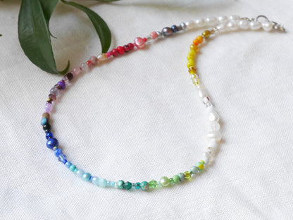Rainbow necklace | Beaded pearl necklace | Colorful beads choker | Jewelry with multicolor seed beads and freshwater pearls