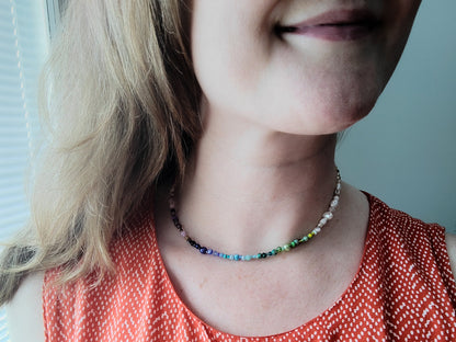 Rainbow necklace | Beaded pearl necklace | Colorful beads choker | Jewelry with multicolor seed beads and freshwater pearls