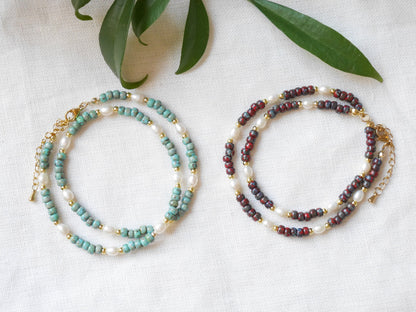 Seafoam beaded necklace | Dainty freshwater pearl choker with turquoise Miyuki Picasso glass beads | Cute muted colors jewelry gift for her