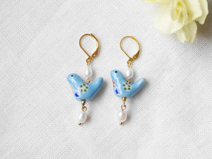Blue porcelain bird earrings | Ceramic pearl earrings | Cute porcelain drop earrings with freshwater pearls | Unique quirky jewelry for her