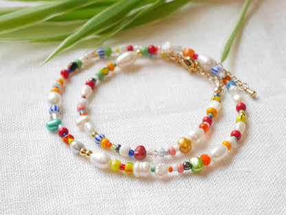 Carnival colorful mixed beads necklace |  beaded choker in vibrant colors | Multicolor handmade pearl and seed bead jewelry gift for her