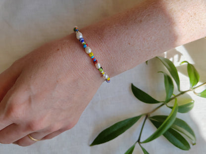 Freshwater pearl bracelet with striped beads | Stripe pattern seed bead jewelry | Adjustable colorful cute summer bracelet for her