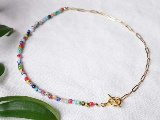 Half millefiori half chain necklace | Colorful beaded necklace | Small glass beads paperclip choker with toggle closure | Summer jewelry