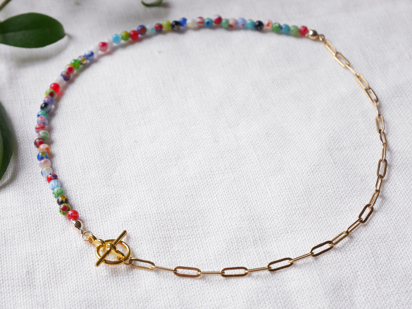 Half millefiori half chain necklace | Colorful beaded necklace | Small glass beads paperclip choker with toggle closure | Summer jewelry
