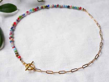 Half millefiori half chain necklace | Colorful beaded necklace | Small glass beads paperclip choker with toggle closure | Summer jewelry