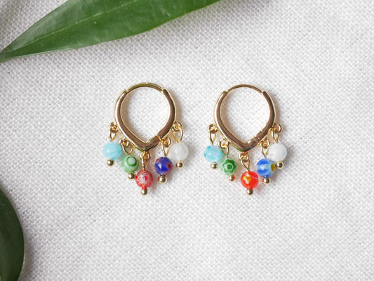 Millefiori hoop earrings | Round colorful glass bead earring | Dainty hoops with five multicolor beads | Minimalist cute unique jewelry gift