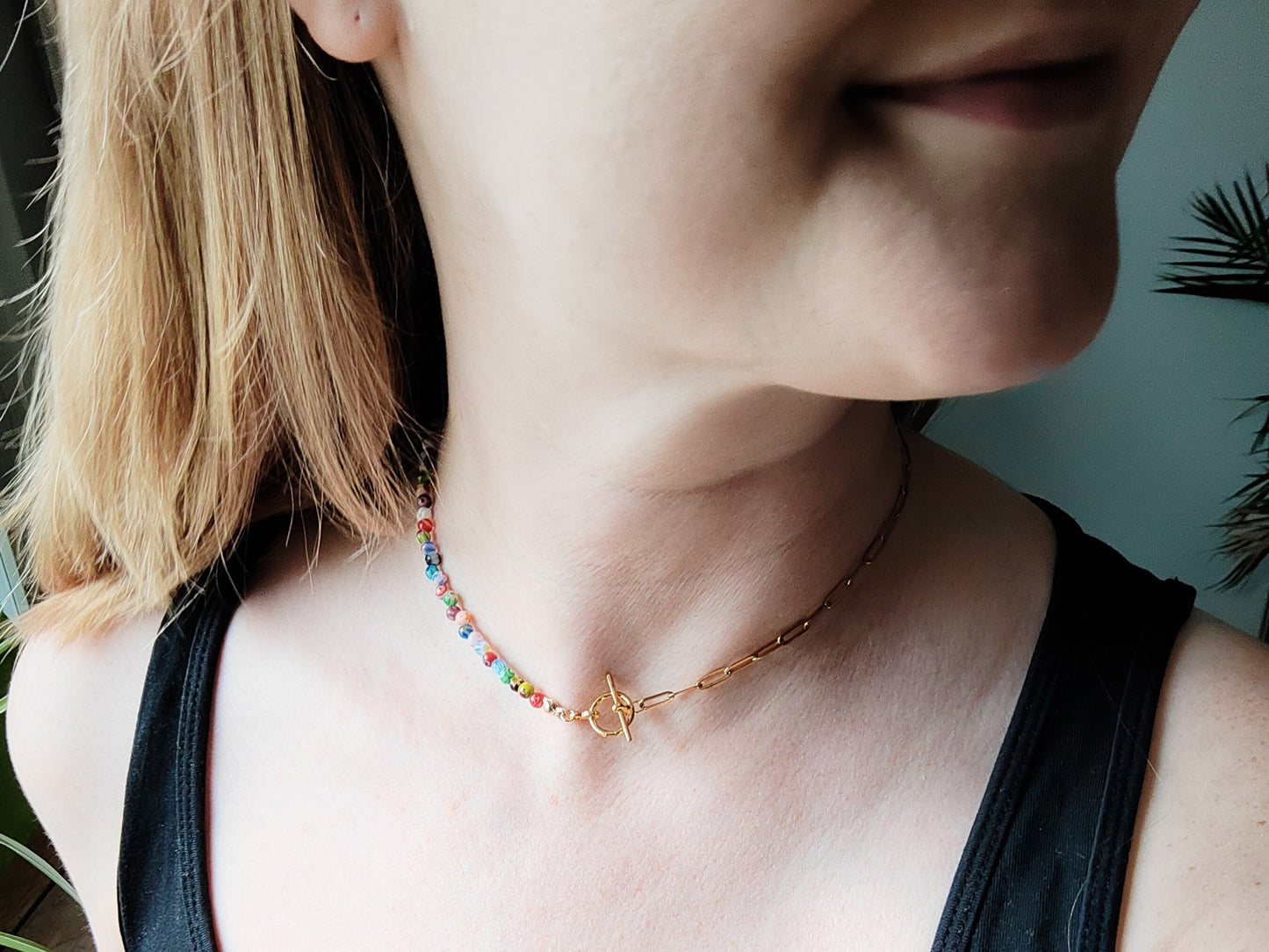 Half millefiori half chain necklace | Colorful beaded necklace | Small glass beads paperclip choker with toggle closure | Summer jewelry