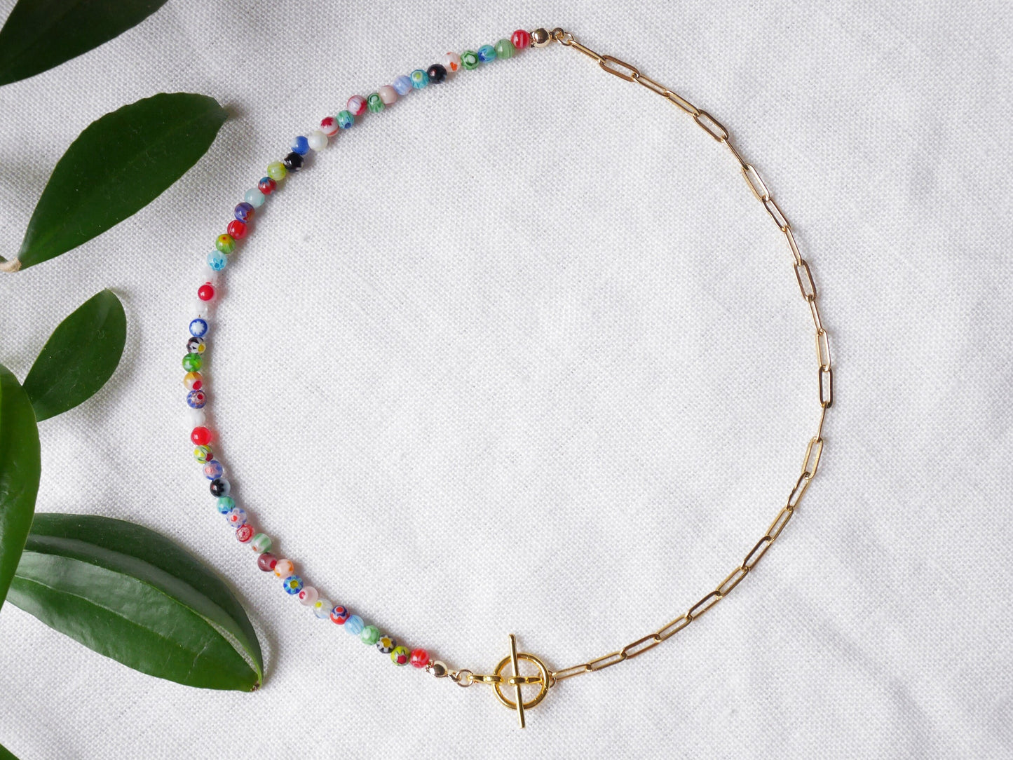 Half millefiori half chain necklace | Colorful beaded necklace | Small glass beads paperclip choker with toggle closure | Summer jewelry