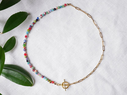 Half millefiori half chain necklace | Colorful beaded necklace | Small glass beads paperclip choker with toggle closure | Summer jewelry