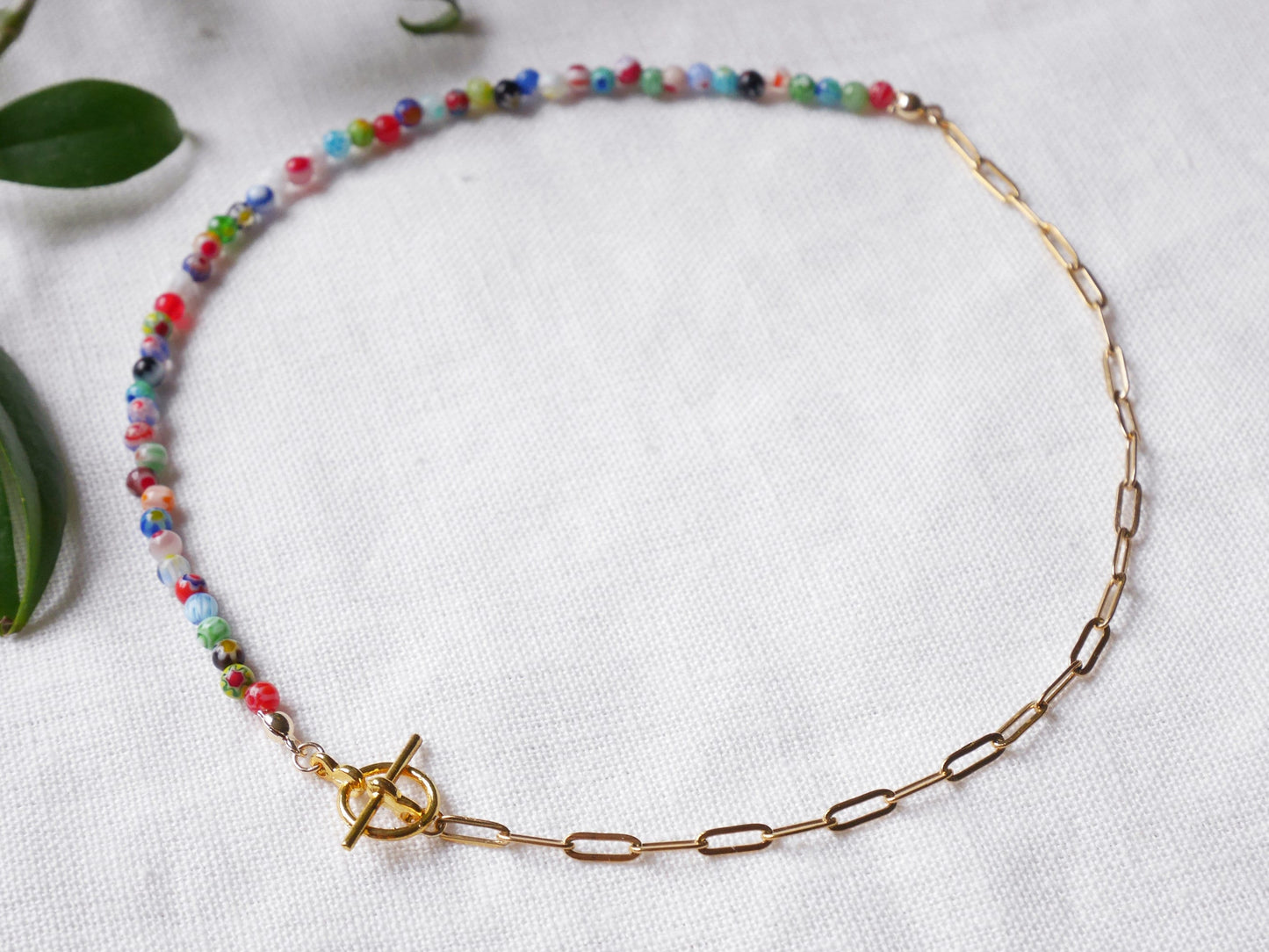 Half millefiori half chain necklace | Colorful beaded necklace | Small glass beads paperclip choker with toggle closure | Summer jewelry