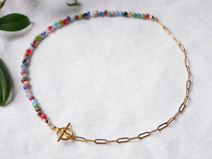 Half millefiori half chain necklace | Colorful beaded necklace | Small glass beads paperclip choker with toggle closure | Summer jewelry