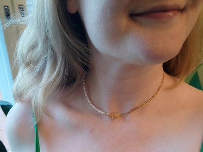 Half chain half pearl necklace | Dainty freshwater pearl choker | Small pearls and gold paperclip chain jewelry with toggle clasp, cute gift