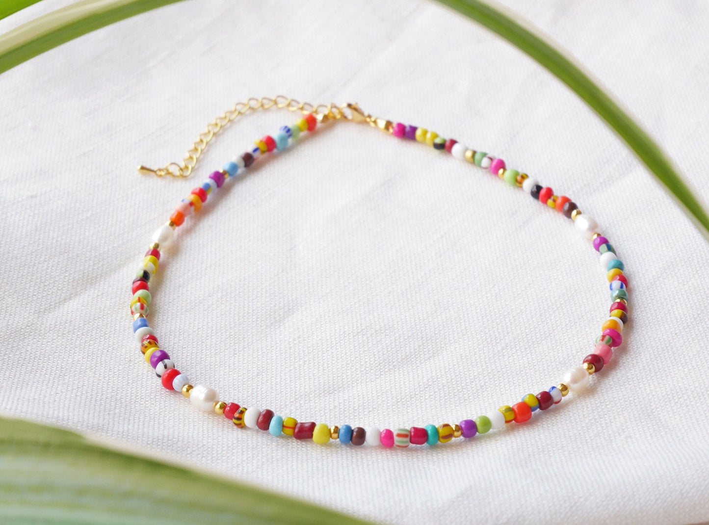 Colorful beaded necklace | Multicolor seed bead choker | Cute mixed glass beads and freshwater pearls jewelry | Handmade boho gift for her